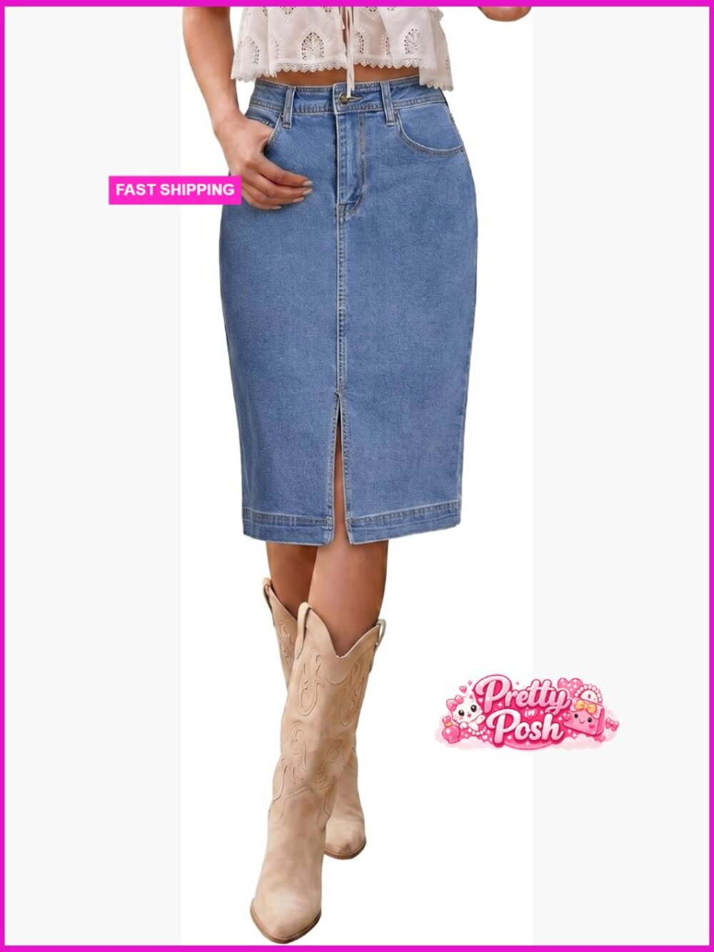 High Waisted Midi Denim Pencil Skirt with Slit Stretchy - Picture 1 of 7